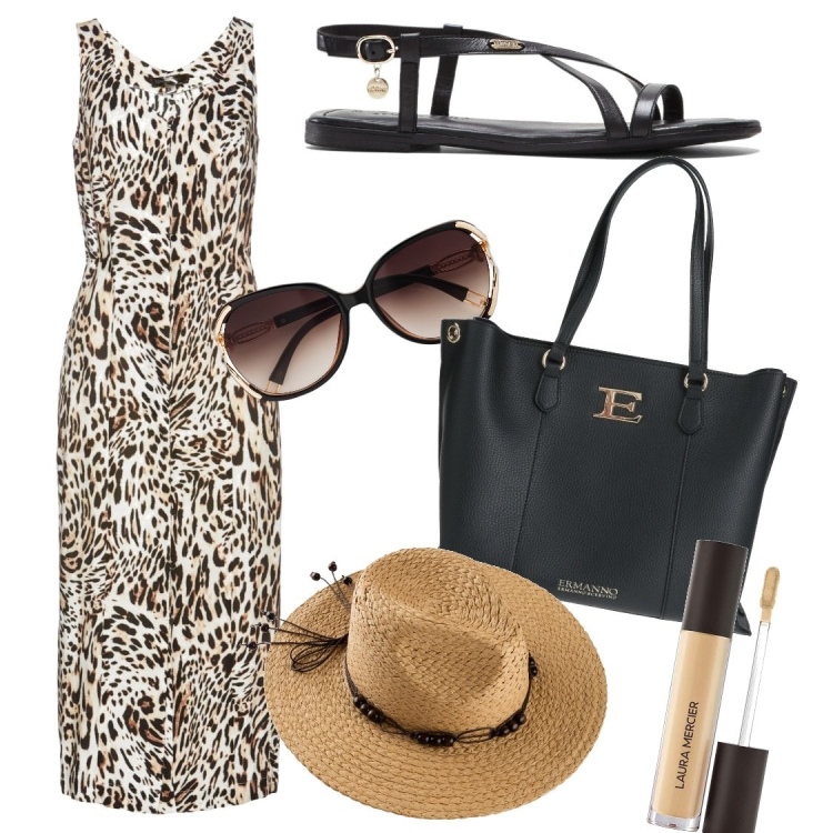Outfit donna - L\'abito preferito. Stile Casual chic per Tutti i giorni. Abbinamento con occhiali da sole, vestiti midi/longuette, sandali in pelle, cappelli, borse a mano, correttori.