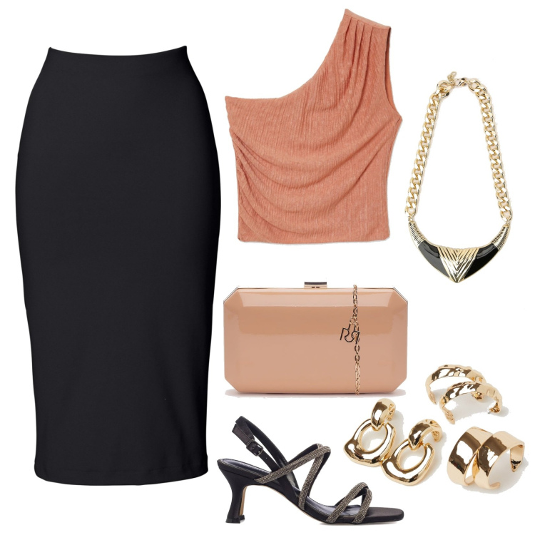 Outfit donna - Invito a cena. Stile Sexy per Serata fuori. Abbinamento con gonne longuette, clutch, top, orecchini, collane, sandali col tacco.