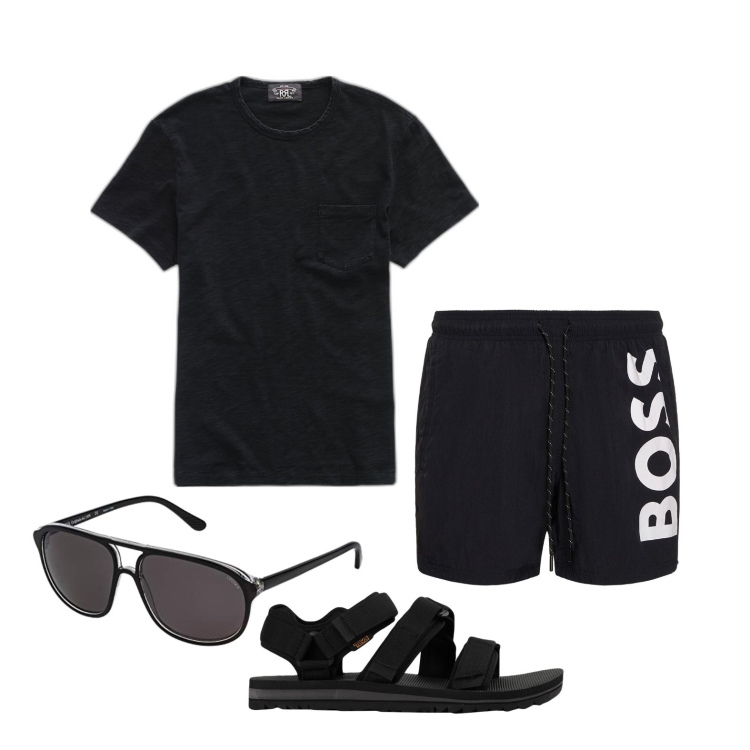 Outfit uomo - Ghost outfitter - giugno. Stile Casual per Tutti i giorni. Abbinamento con sandali, t-shirt, occhiali da sole, shorts.
