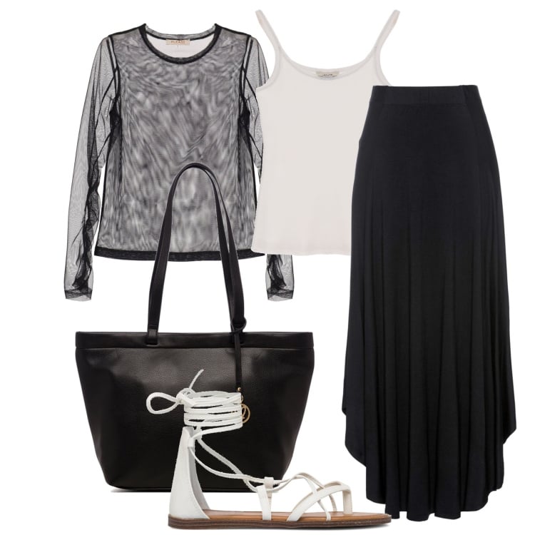 Outfit donna - Con la blusa trasparente. Stile Basic per Tutti i giorni. Abbinamento con gonne, maglieria, canottiere, sandali alla schiava, borse a spalla.