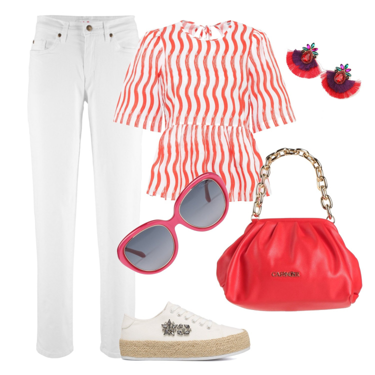 Outfit donna - Casual originale. Stile Casual per Tutti i giorni. Abbinamento con jeans mom, bluse, occhiali da sole, borse a mano, orecchini, sneakers.