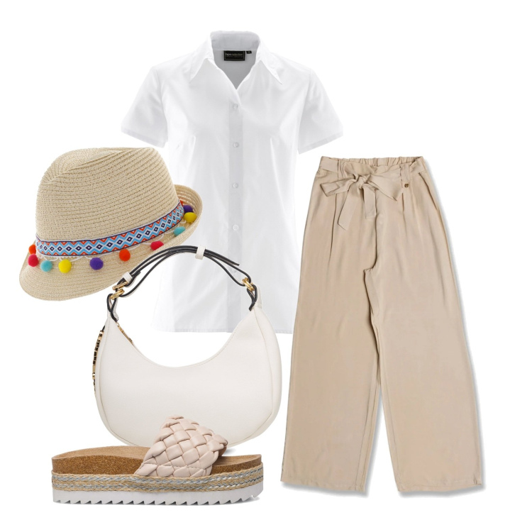 Outfit donna - Un po\' sbarazzina. Stile Casual per Tutti i giorni. Abbinamento con camicie a manica corta, sandali in pelle, borse a mano, pantaloni, cappelli.