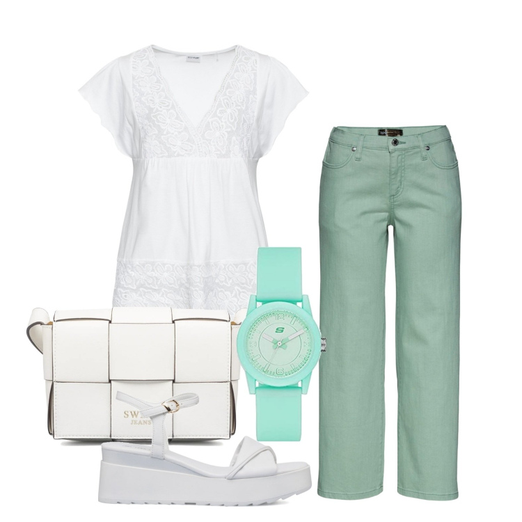 Outfit donna - Comoda in ufficio. Stile Basic per Ufficio. Abbinamento con maglieria, jeans, sandali col tacco, borse a tracolla, orologi.