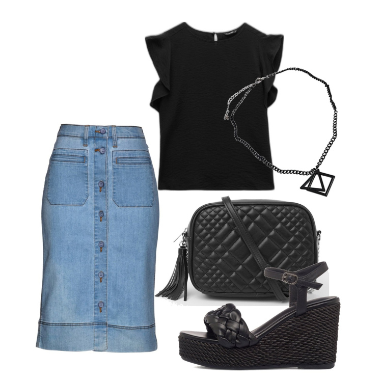 Outfit donna - Il denim d\'estate. Stile Casual per Tutti i giorni. Abbinamento con gonne, bluse, borse a tracolla, sandali col tacco, collane.