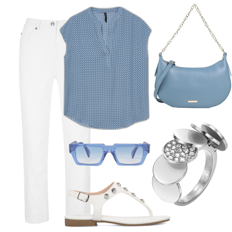 Outfit donna - Basic per tutti i giorni. Stile Basic per Tutti i giorni. Abbinamento con pantaloni, borse a spalla, occhiali da sole, bluse, infradito, anelli.