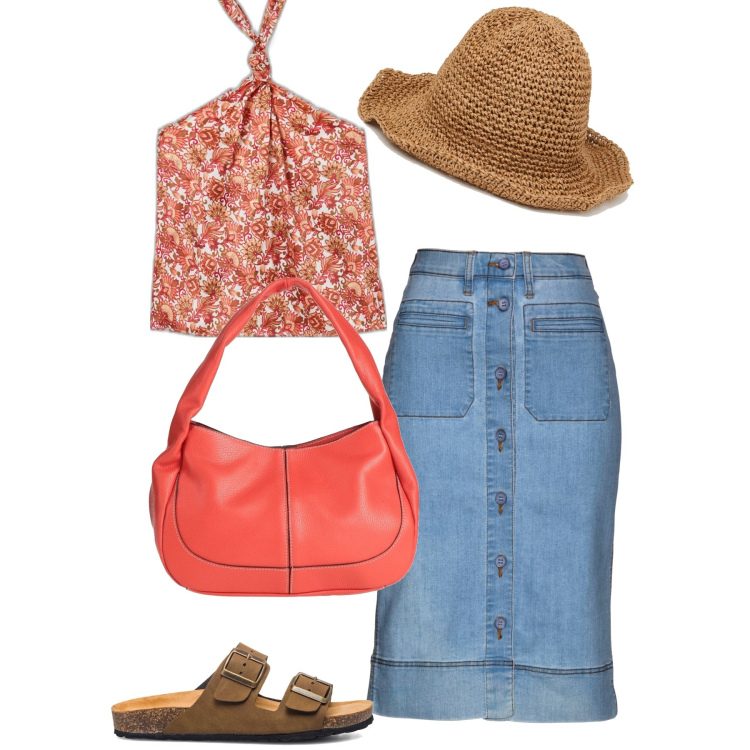 Outfit donna - Giugno. Stile Casual per Tutti i giorni. Abbinamento con gonne, borse a mano, top, cappelli con visiera, ciabatte.