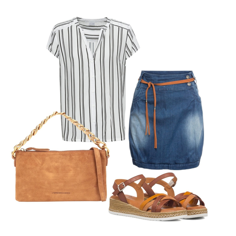 Outfit donna - La riga sul caramello. Stile Casual per Tutti i giorni. Abbinamento con minigonne, camicie a manica corta, borse a mano, sandali in pelle.