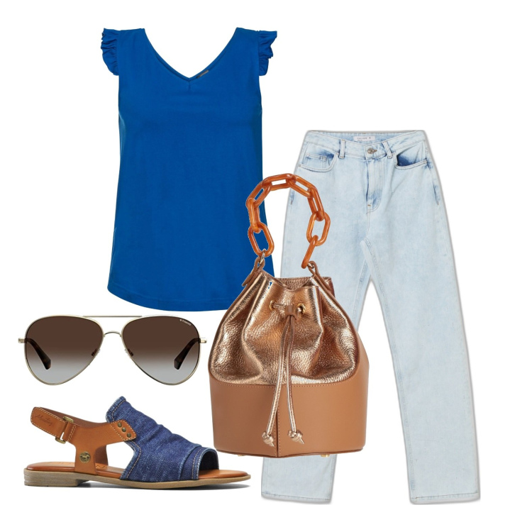 Outfit donna - Come porto il jeans chiaro. Stile Basic per Tutti i giorni. Abbinamento con top, sandali, borse a secchiello, jeans dritti, occhiali da sole.