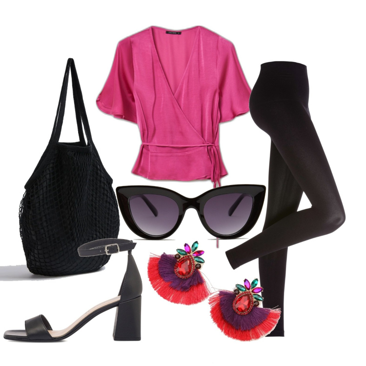 Outfit donna - I leggins in città. Stile Basic per Tutti i giorni. Abbinamento con leggings, borse a spalla, bluse, occhiali da sole, orecchini, sandali in pelle.