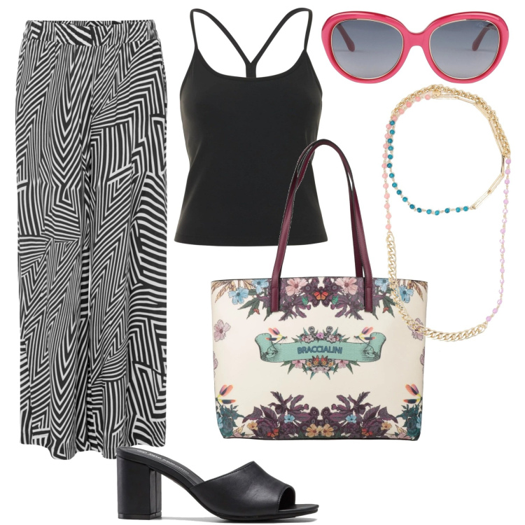 Outfit donna - Italian Summer Style. Stile Urban per Tutti i giorni. Abbinamento con ciabatte, pantaloni, borse a mano, occhiali da sole, collane, canottiere.