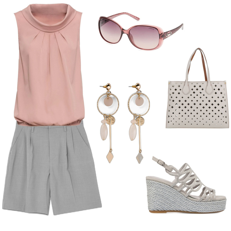 Outfit donna - Total look #1651637. Stile Romantica per Serata fuori. Abbinamento con borse a mano, top, orecchini, bermuda, sandali col tacco, occhiali da sole.