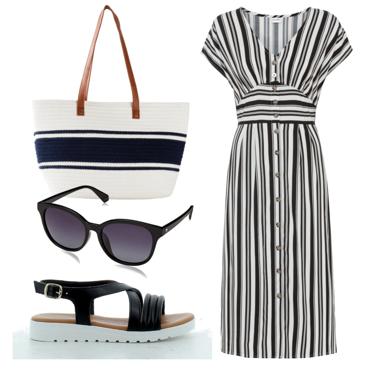 Outfit donna - Passeggiata e gelato. Stile Basic per Mare. Abbinamento con vestiti, shopping bag, sandali in pelle, occhiali da sole.
