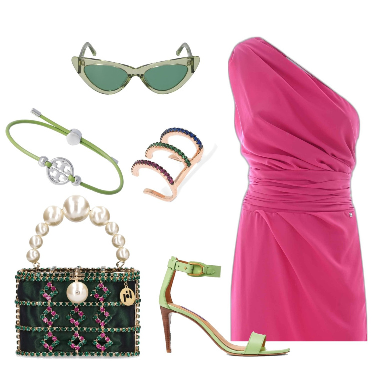 Outfit donna - Total look #1651746. Stile Chic per Tutti i giorni. Abbinamento con sandali, vestiti asimmetrici, borse a mano, occhiali da sole, orecchini, braccialetti.