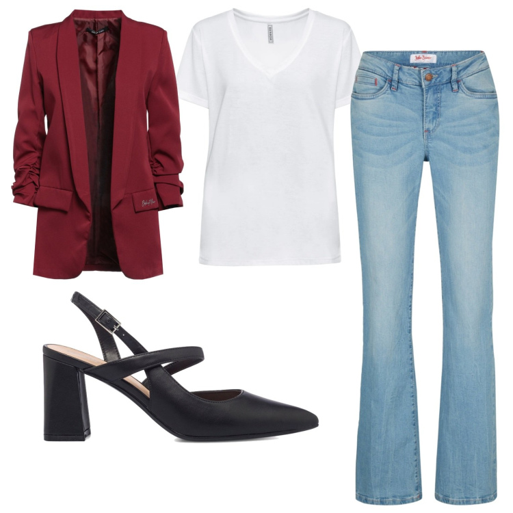 Outfit donna - Al lavoro con i jeans. Stile Basic per Ufficio. Abbinamento con jeans bootcut, t-shirt, blazer, décolleté.