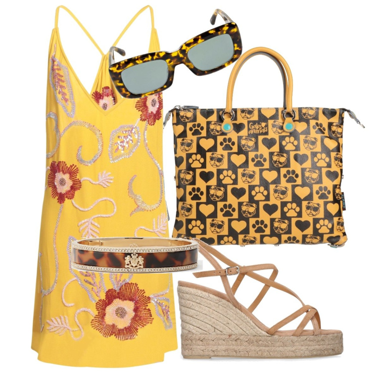 Outfit donna - Giallo. Stile Trendy per Mare. Abbinamento con vestiti corti, borse a mano, braccialetti, espadrillas, occhiali da sole.