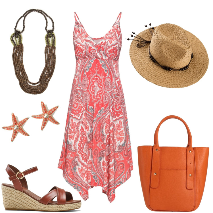 Outfit donna - Arancio che passione. Stile Boho per Tutti i giorni. Abbinamento con vestiti, sandali, cappelli, borse a mano, collane, orecchini.