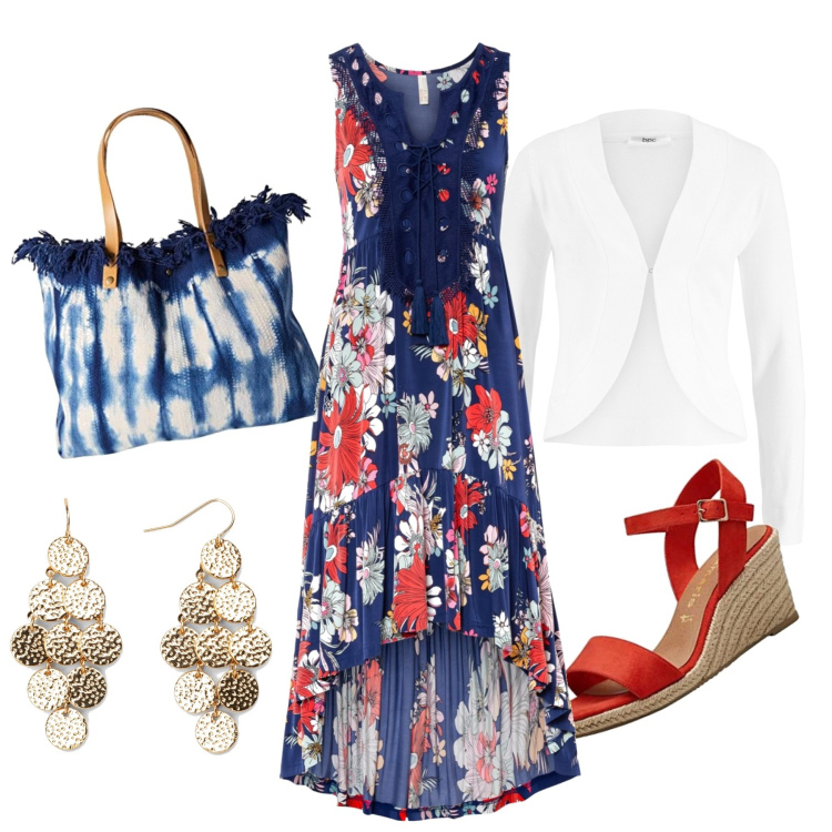 Outfit femme - Mariage à la campagne. Style Casual chic pour Cérémonie. Assortir avec robes asymétriques, blazers, boucles d'oreilles, sandales à talon, sacs en bandoulière.