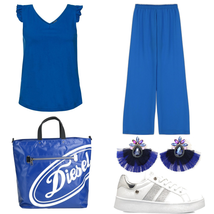 Outfit donna - Blu casual. Stile Casual per Tutti i giorni. Abbinamento con top, borse a mano, pantaloni a palazzo, orecchini, sneakers.