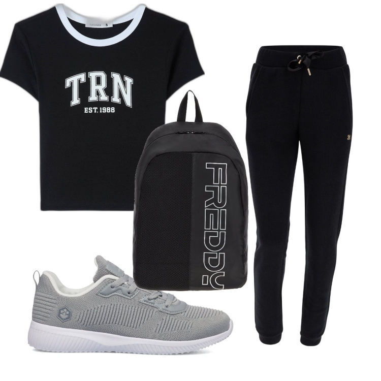 Outfit donna - Total look #1651879. Stile Basic per Sport. Abbinamento con t-shirt, zaini, pantaloni, sneakers.