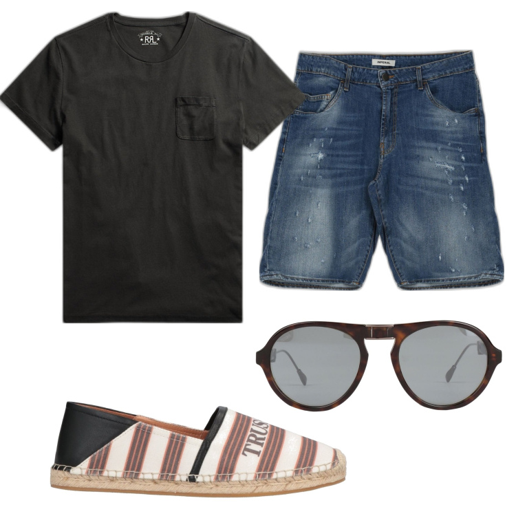 Outfit uomo - Basic. Stile Casual per Tutti i giorni. Abbinamento con espadrillas, occhiali da sole, bermuda, t-shirt.