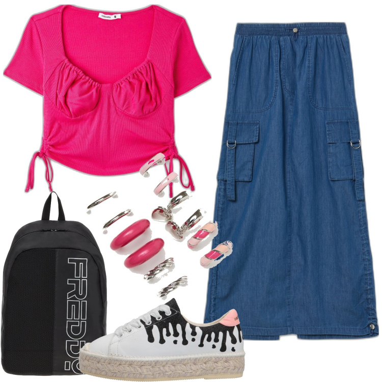 Outfit donna - Total look #1651893. Stile Casual per Tutti i giorni. Abbinamento con sneakers, t-shirt, gonne lunghe, orecchini, zaini.