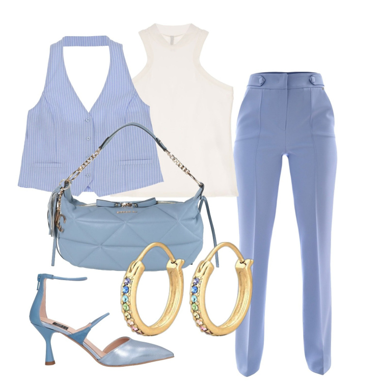 Outfit donna - Per una cerimonia informale. Stile Glamour per Cerimonia. Abbinamento con décolleté, borse a mano, top, gilet, pantaloni, orecchini.