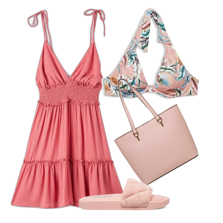 Outfit donna - Romantica. Stile Romantica per Mare. Abbinamento con vestiti corti, ciabatte, borse a spalla, bikini.