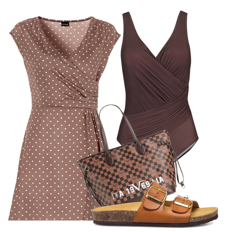 Outfit donna - Cacao. Stile Chic per Mare. Abbinamento con costumi interi, vestiti, borse a mano, ciabatte.