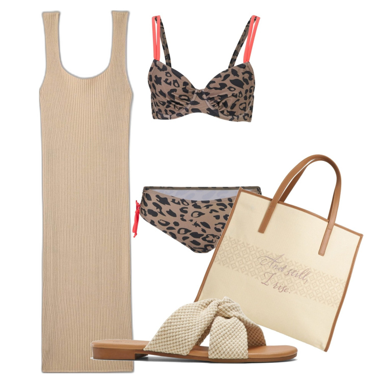 Outfit donna - Maglina e animalier. Stile Chic per Mare. Abbinamento con bikini, ciabatte, borse a mano, vestiti lunghi.