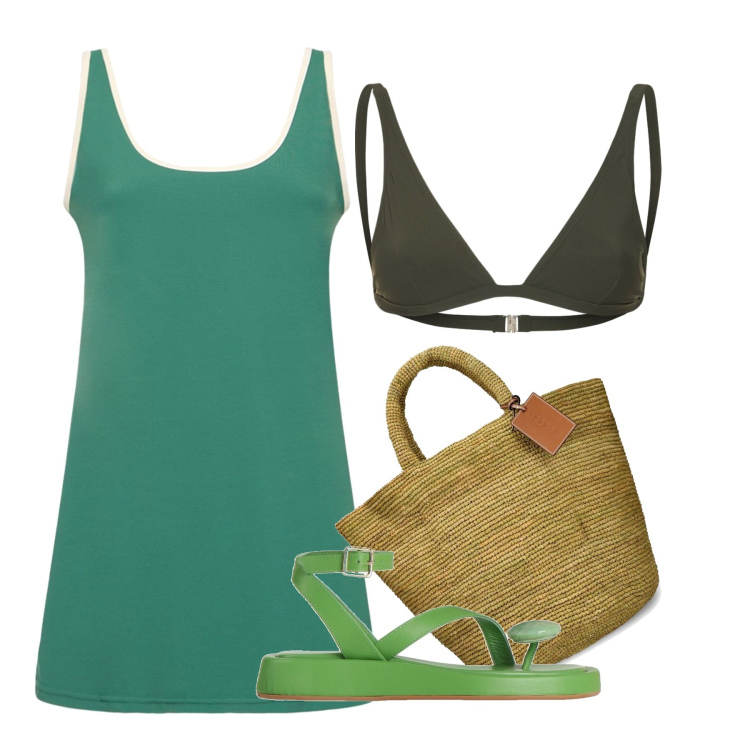 Outfit donna - Anima verde. Stile Chic per Mare. Abbinamento con infradito, vestiti, bikini, shopping bag.