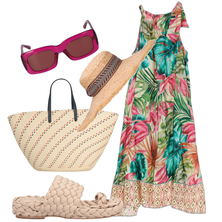 Outfit donna - Minorca time. Stile Boho per Tutti i giorni. Abbinamento con infradito, borse a mano, vestiti asimmetrici, occhiali da sole, cappelli.