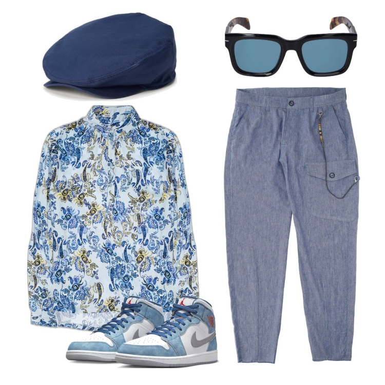 Outfit uomo - Outfit in azzurro. Stile Trendy per Tutti i giorni. Abbinamento con sneakers, camicie, pantaloni, cappelli, occhiali da sole.