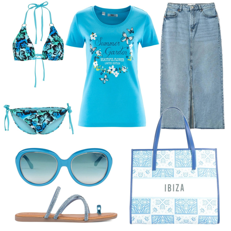 Outfit donna - Celeste è il colore del mare. Stile Casual per Mare. Abbinamento con t-shirt, bikini, occhiali da sole, borse a mano, gonne lunghe, infradito.