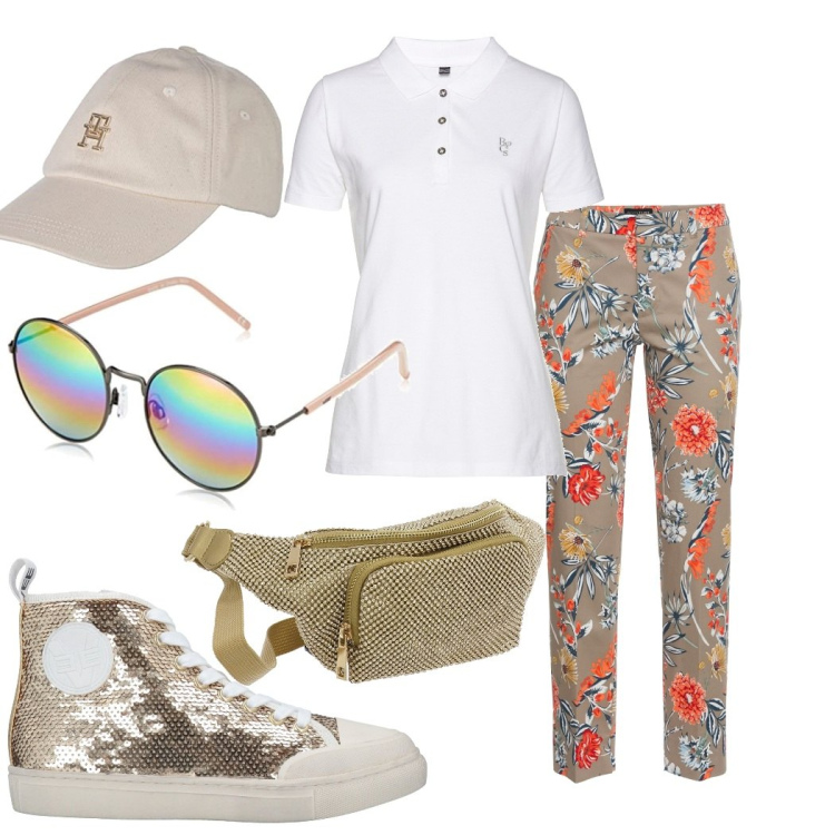 Outfit donna - Alla partita. Stile Sporty chic per Sport. Abbinamento con pantaloni, polo, sneakers alte, marsupi, cappelli, occhiali da sole.