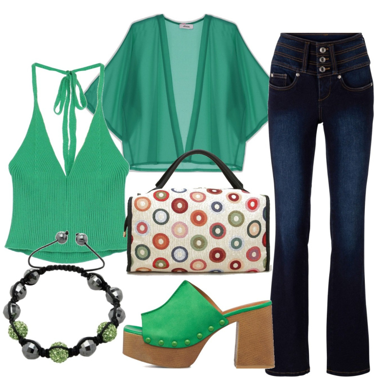 Outfit donna - Verde brioso. Stile 70s per Serata fuori. Abbinamento con jeans bootcut, borse a mano, top, cardigans, sandali in pelle, braccialetti.