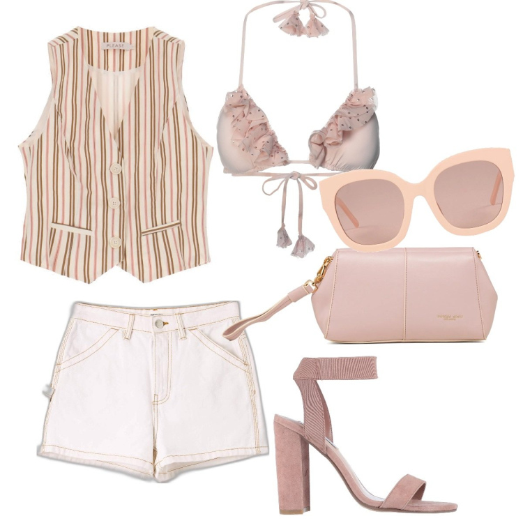 Outfit donna - Basta poco che ci vò. Stile Casual per Serata fuori. Abbinamento con gilet, clutch, reggiseni, sandali col tacco, occhiali da sole, shorts.
