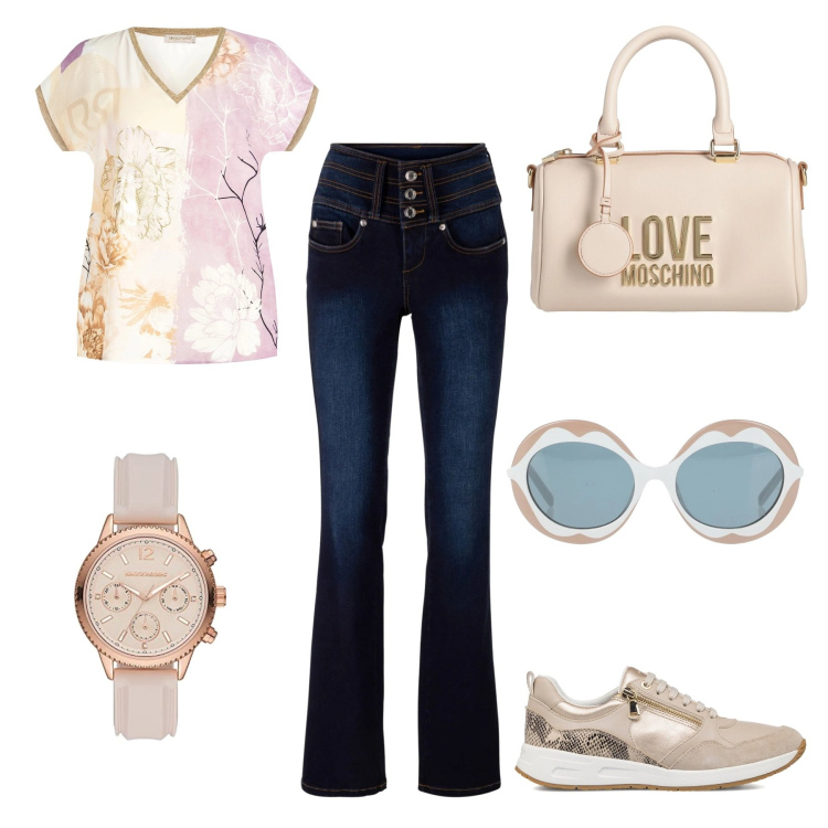 Outfit donna - Stylish curvy casual. Stile Casual chic per Tutti i giorni. Abbinamento con jeans bootcut, borse a mano, occhiali da sole, bluse, sneakers, orologi digitali.