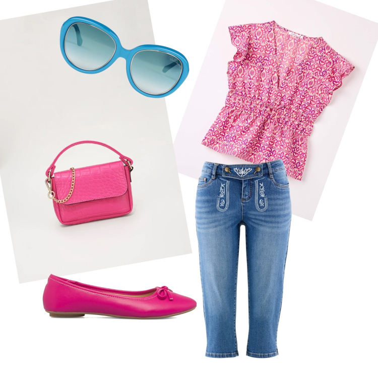 Outfit donna - Total look rosa azzurro. Stile Casual per Tutti i giorni. Abbinamento con pantaloni capri, occhiali da sole, bluse, pochette, ballerine.