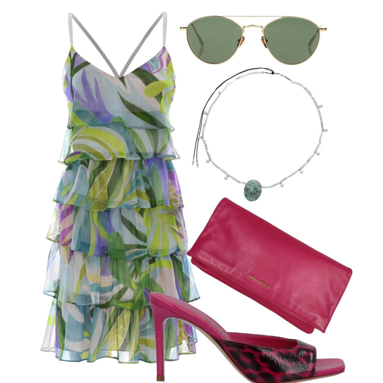 Outfit donna - Accostamenti di colori. Stile Casual per Serata fuori. Abbinamento con vestiti corti, occhiali da sole, borse a mano, ciondoli, sandali in pelle.