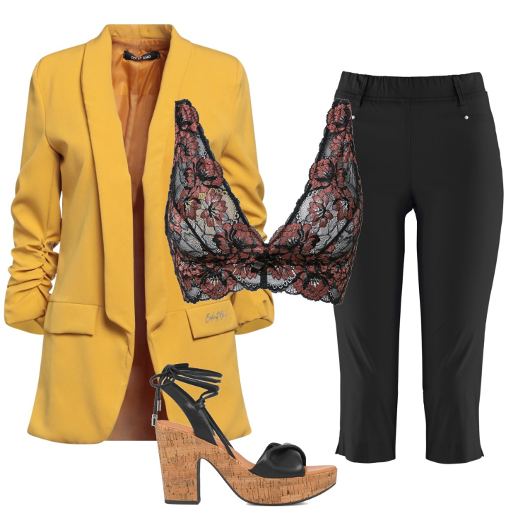 Outfit donna - Total look colorato. Stile Casual per Tutti i giorni. Abbinamento con pantaloni, bralette, blazer, sandali alla schiava.