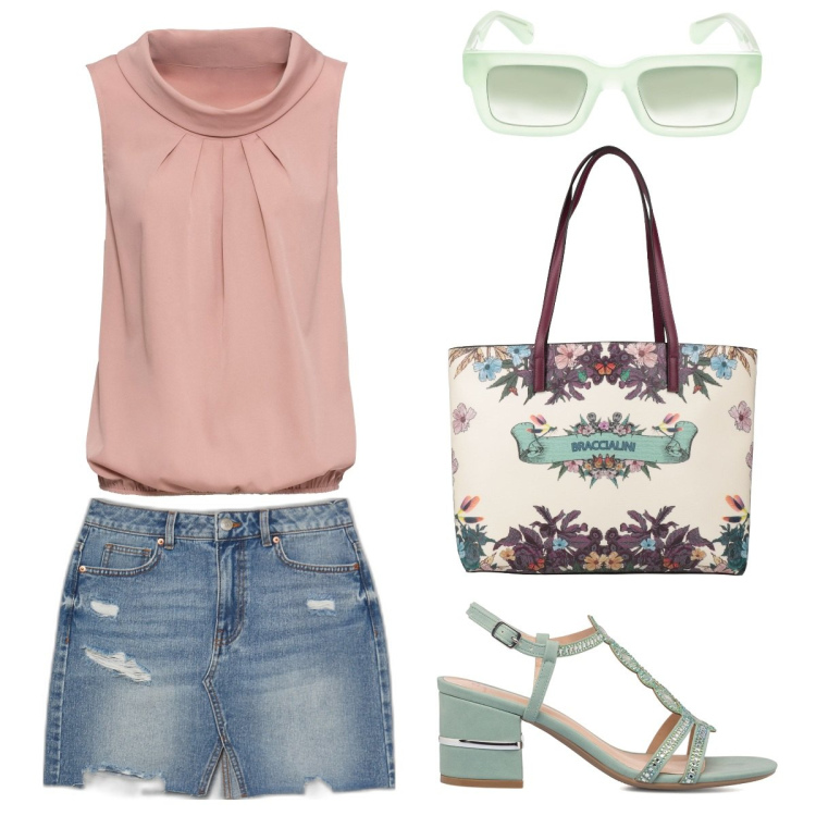 Outfit donna - Minigonna jeans. Stile Casual chic per Tutti i giorni. Abbinamento con borse a mano, top, minigonne, sandali in pelle, occhiali da sole.
