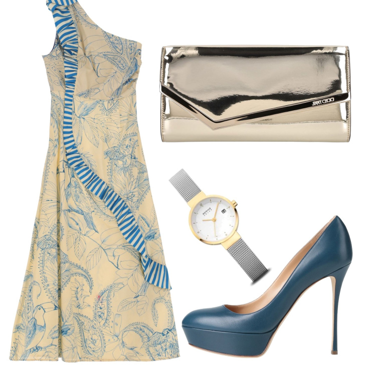 Outfit donna - Un tacco blu. Stile Bon Ton per Cerimonia. Abbinamento con décolleté, vestiti asimmetrici, pochette, orologi.