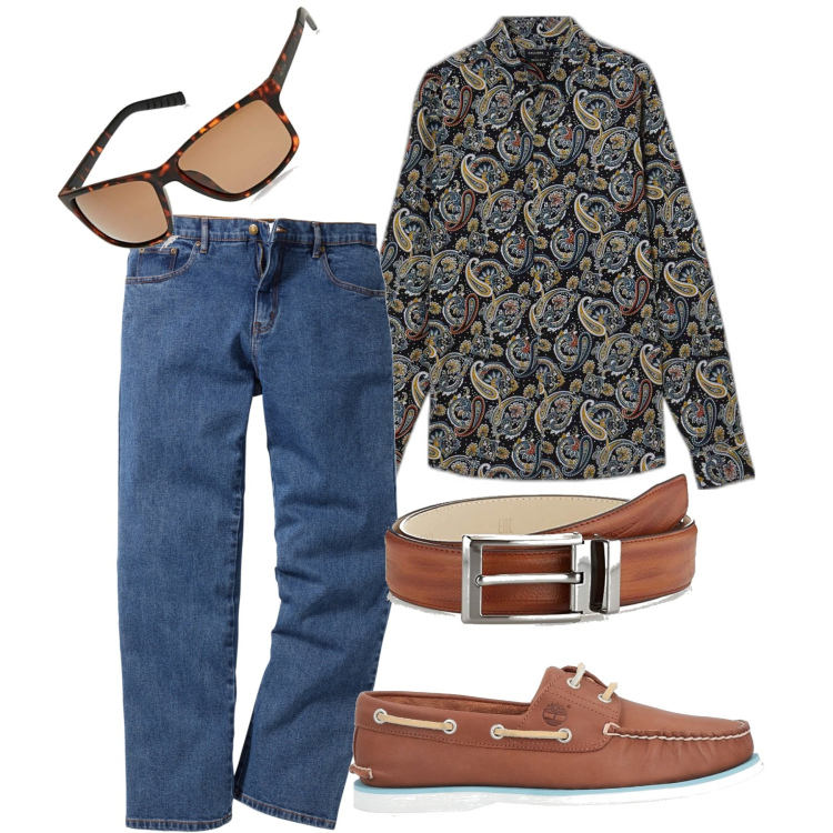 Outfit uomo - Camicia di tendenza. Stile Trendy per Tutti i giorni. Abbinamento con jeans dritti, scarpe stringate, camicie, occhiali da sole, cinture.