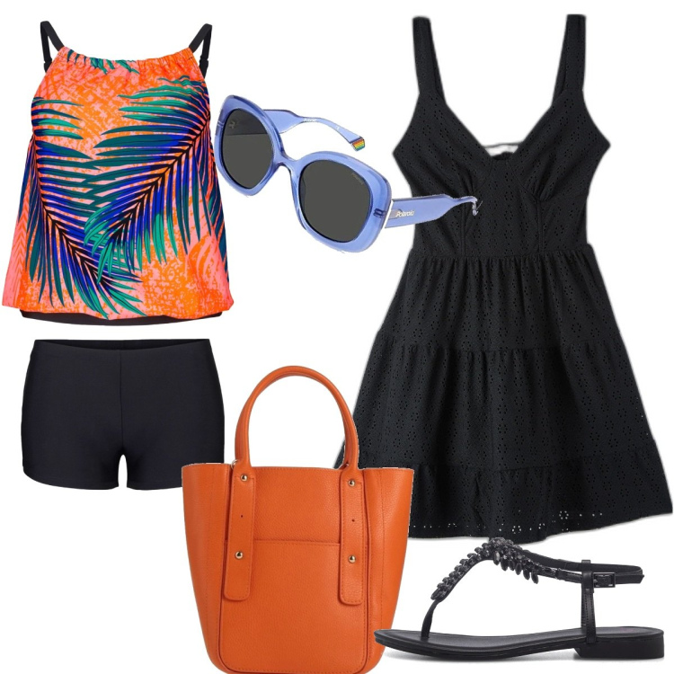 Outfit donna - Total look #1652389. Stile Basic per Mare. Abbinamento con costumi interi, borse a mano, vestiti, infradito, occhiali da sole.
