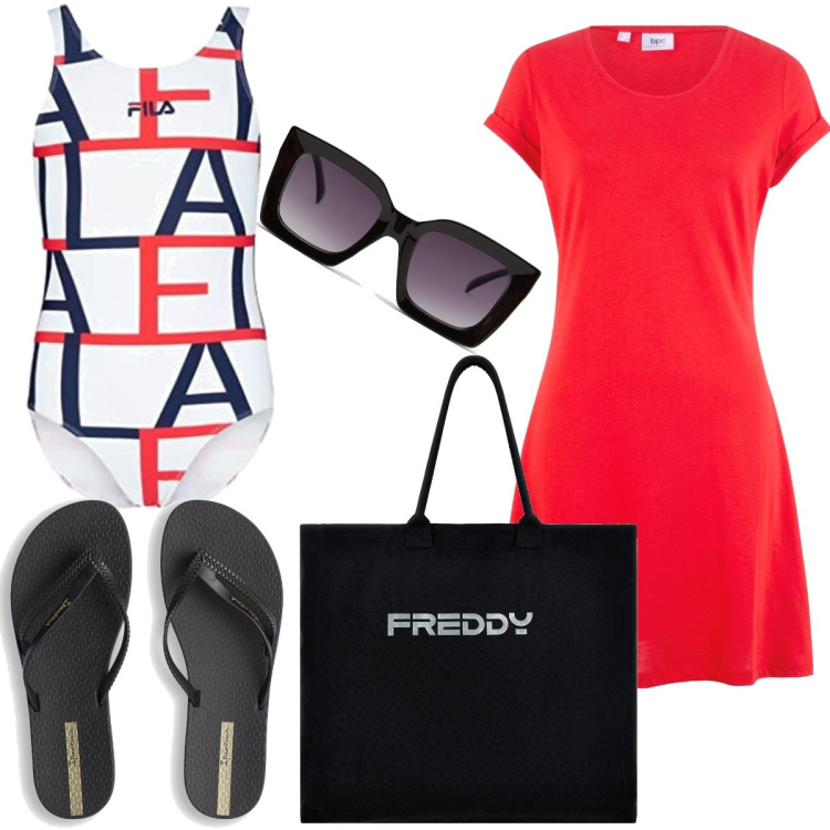Outfit donna - Total look #1652415. Stile Basic per Mare. Abbinamento con vestiti, occhiali da sole, borse tote, infradito, costumi interi.