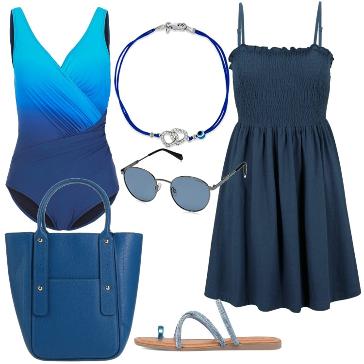 Outfit donna - Total look #1652424. Stile Basic per Mare. Abbinamento con costumi interi, vestiti, borse a mano, infradito, occhiali da sole, braccialetti.