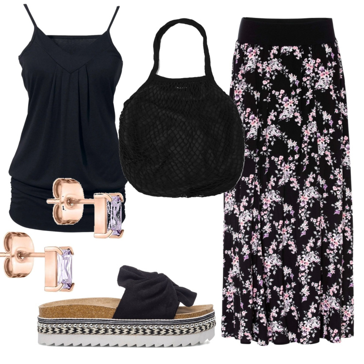 Outfit donna - Total look #1652553. Stile Casual per Tutti i giorni. Abbinamento con gonne lunghe, top, borse a spalla, sandali in pelle, orecchini.
