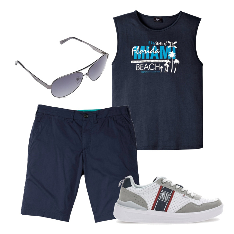 Outfit uomo - La canottiera. Stile Casual per Tutti i giorni. Abbinamento con bermuda, canottiere, occhiali da sole, sneakers.