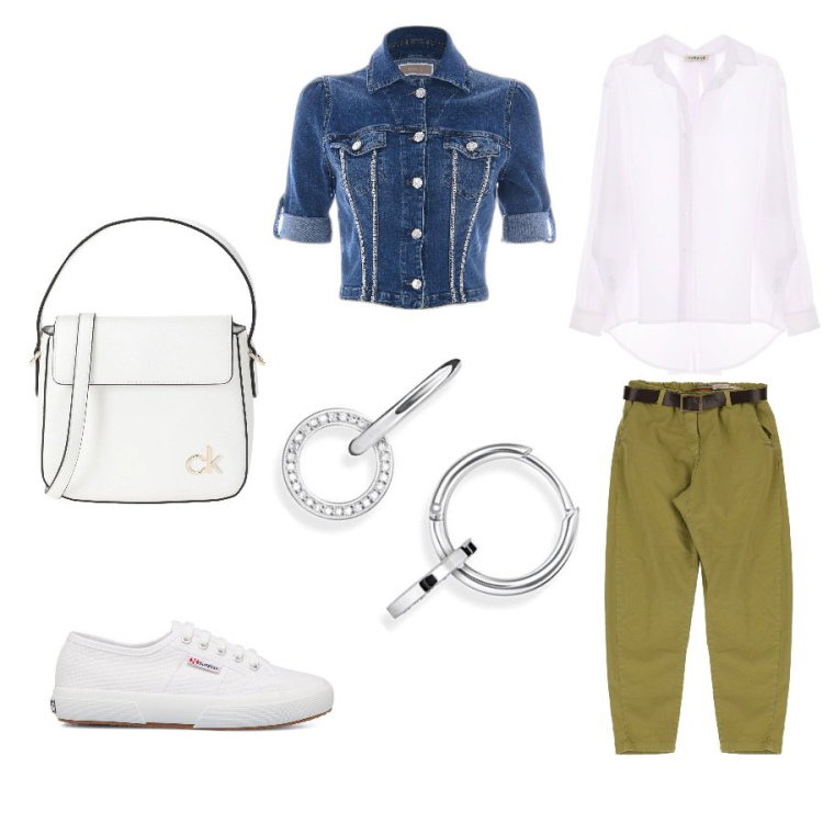 Outfit donna - Total look #1652601. Stile Casual per Tutti i giorni. Abbinamento con borse a mano, pantaloni capri, camicie, giacche, sneakers, orecchini.