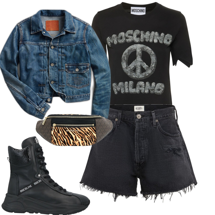Outfit donna - Al concerto. Stile Rock per Serata fuori. Abbinamento con marsupi, sneakers, cappotti, shorts, t-shirt.